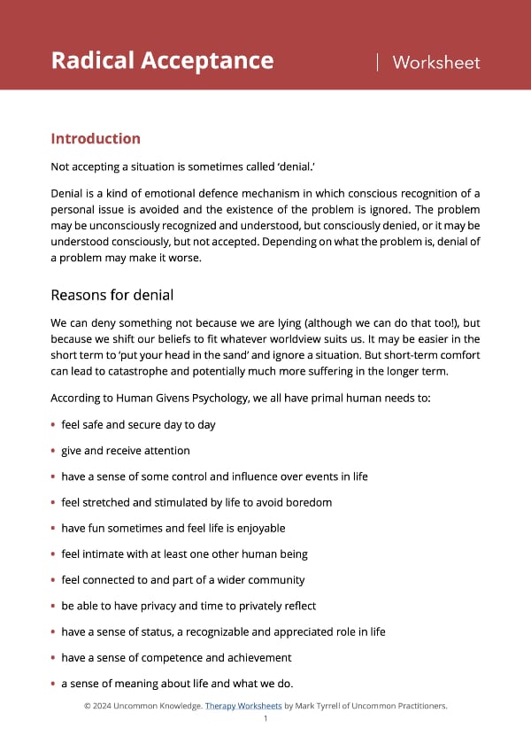 Radical Acceptance Worksheet Cover