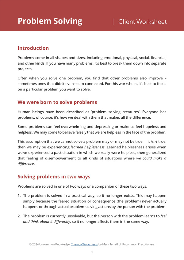 Therapeutic Problem Solving Worksheet Cover